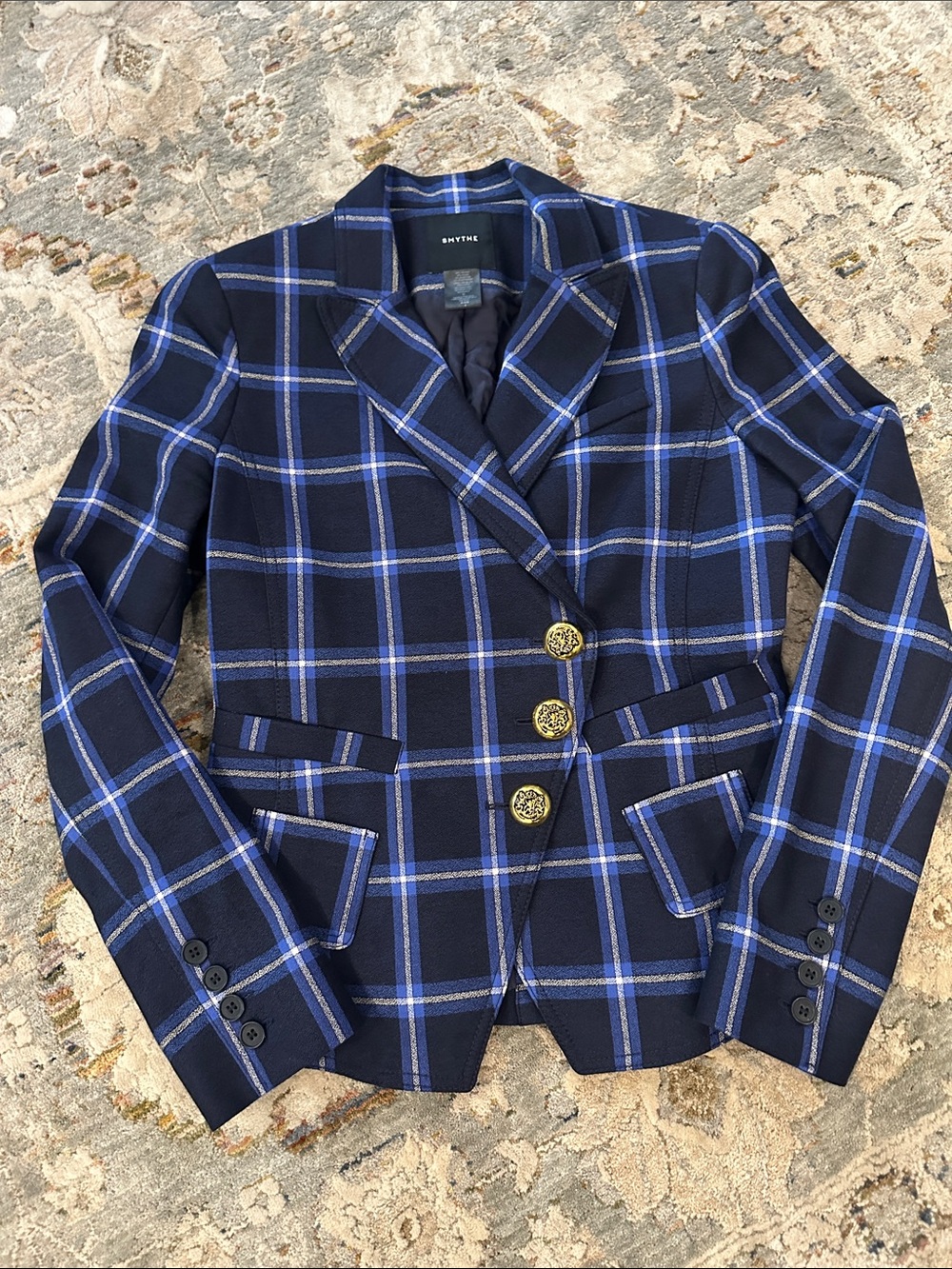 Smythe Navy Plaid Blazer with Blue Windowpane and Gold Buttons